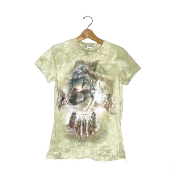 The Mountain M Medium Wolf T-Shirt Green Tie Dye Short Sleeve Native American - Picture 2 of 7
